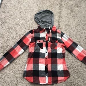 Button Up Flannel Top With Hood